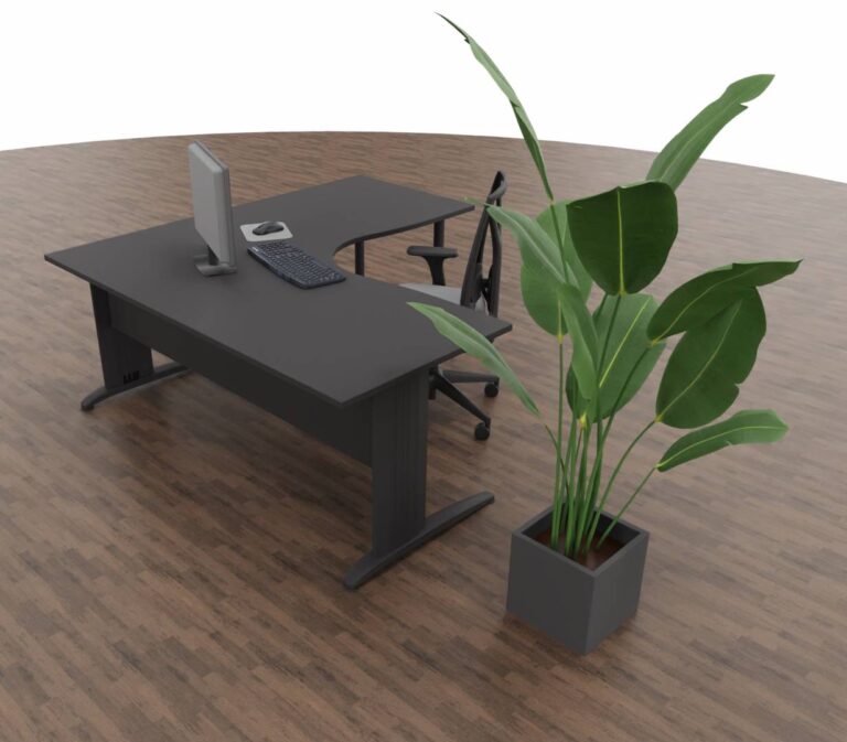 hoekbureau zwart sfeerfoto schuin bovenkant