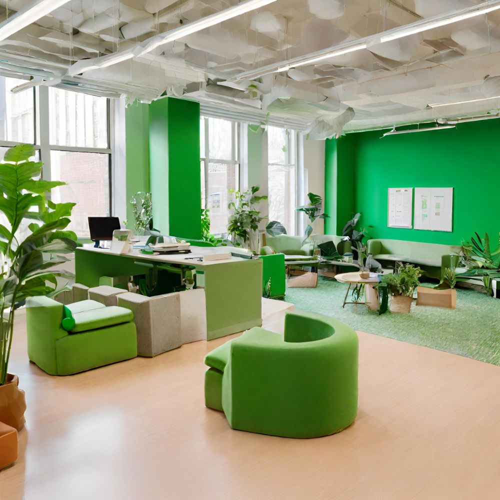 een kantoor met verschillende bureautafels en stoelen waar de kleur groen overheerst