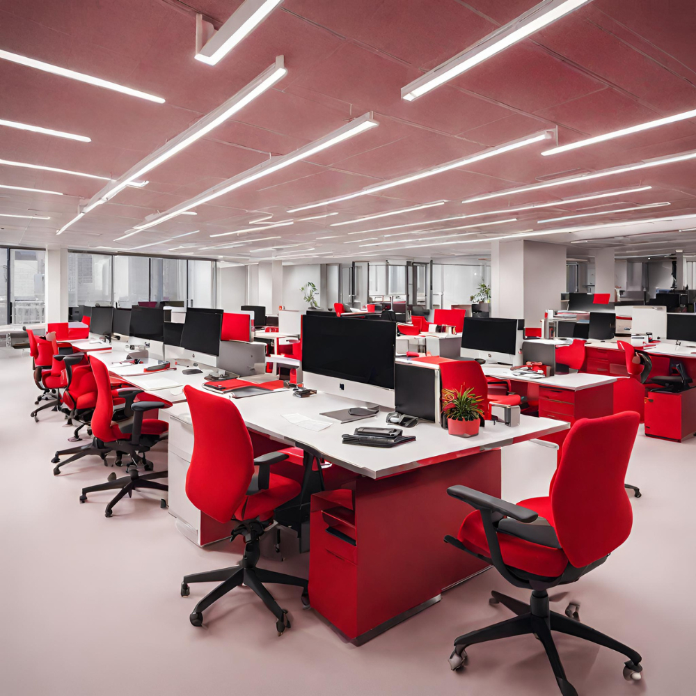 een kantoor met verschillende bureautafels en stoelen waar de kleur rood overheerst